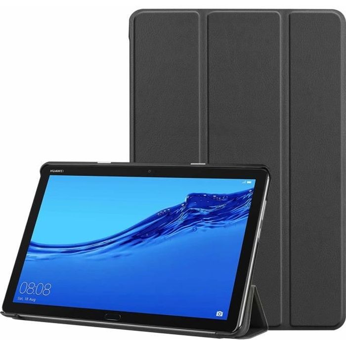 Huawei MediaPad M5 Lite Coque 10,1 pouces - Housse en Cuir PU Étui à Rabat avec Réveil/Sommeil Automatique et Support, Noir
