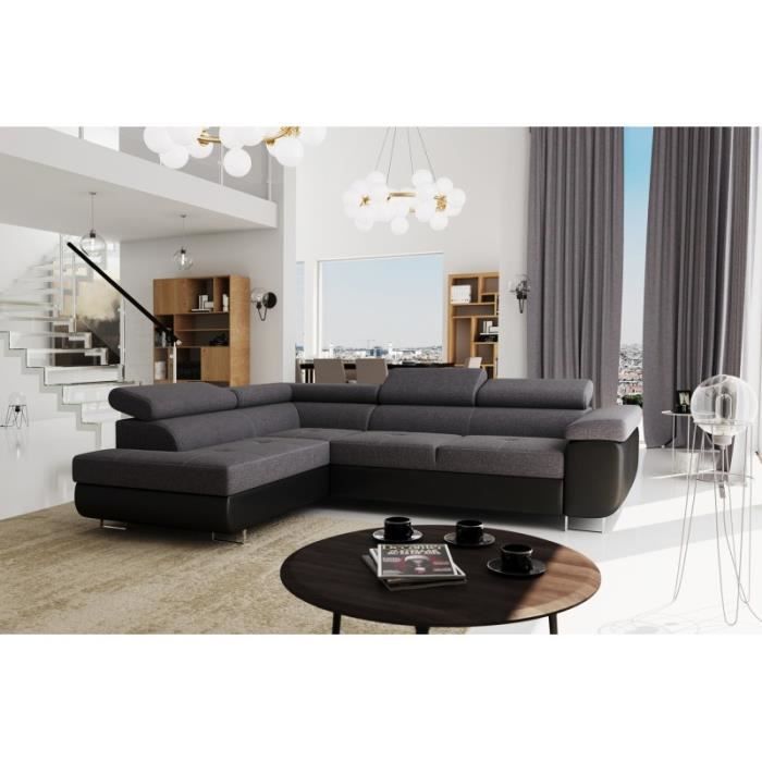 UTON - Canapé d'angle gauche convertible avec coffre de rangement gris et noir