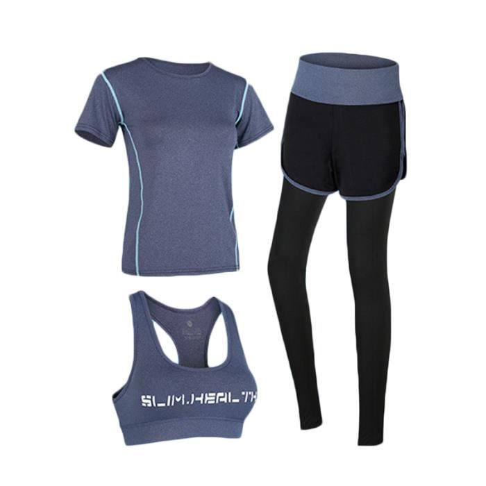 Ensemble de Vetement Sport Femme 3 Pieces T-shirt+Brassiere+Legging Fitness Running