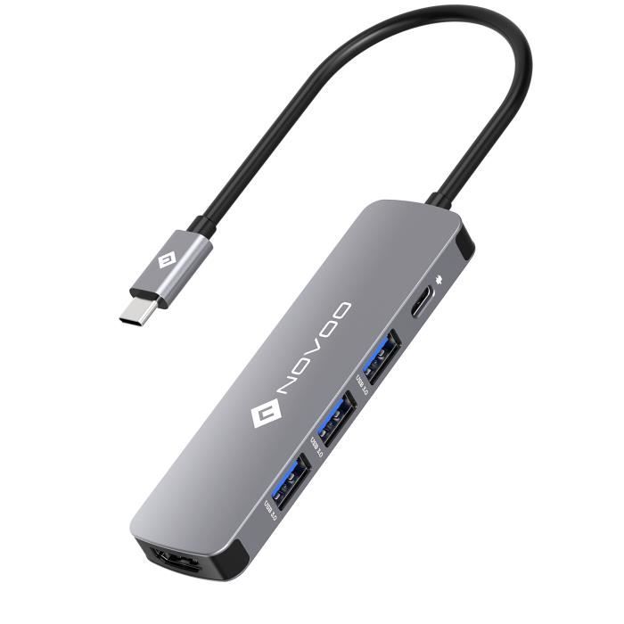 Hub USB C HDMI Adaptateur USB C vers USB 3.0 x 3, Type C 100W PD Port de Recharge, HDMI 4K, NOVOO 5 en 1 Dock USB C en Aluminium
