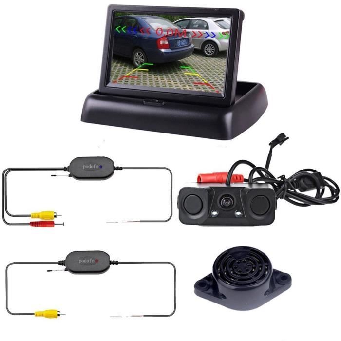 Podofo Sans fil caméra de recul radar de recul 4.3 pouces Pliable LCD Moniteur Kit de Système de Recul Visuel