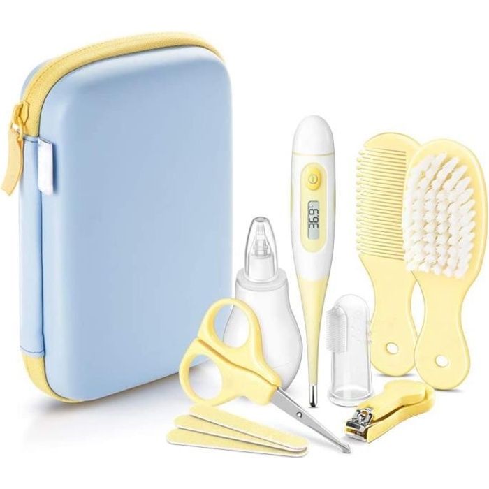 Trousse de Toilette pour Bébé, Inclut un Thermomètre,Mouche-Bébé Aspirateur Nasal - Bleu clair et jaune