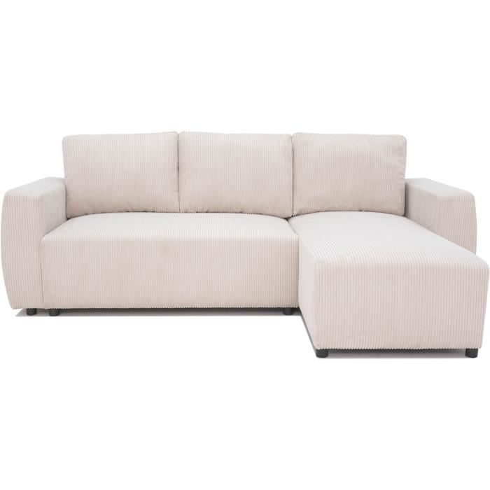Canapé d'angle convertible réversible 3-4 places PHARELL - Velours côtelé beige - Coffre de rangement - L 230x P 155 x H 71-95 cm