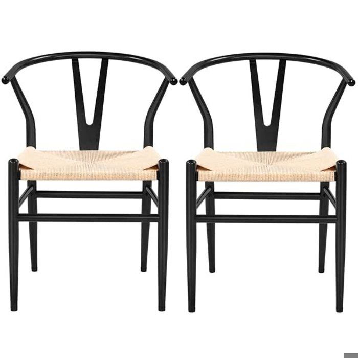 lot de 2 chaises noires avec corde - cadre en métal - dossier demi-circulaire - meubles salle à manger cuisine salon