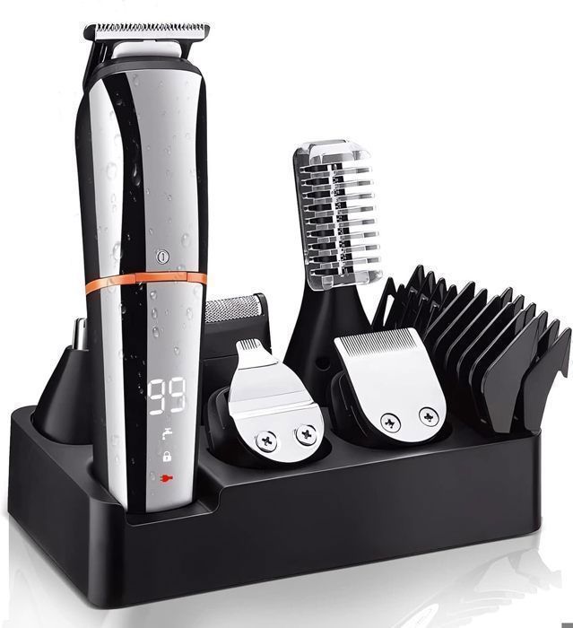 Tondeuse 6 en 1 - QJRRX - Tondeuse Barbe et Cheveux - Acier Inoxydable - Fonctionnement Sans Fil - Écran LED