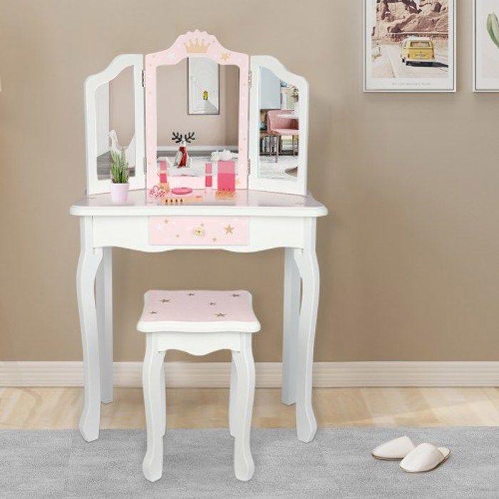 Coiffeuse enfant - LALAHO - Coiffeuse avec Miroir et Tabouret Miroir à trois volets Rose