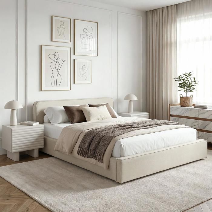 Lit double BELARTI 140x190 cm rembourré Revêtement en tissu Lit style moderne pour 2 personnes sommier inclus Blanc crème