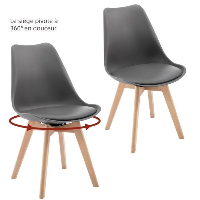WOLTU Chaise Pivotante Lot de 2 - Chaise Salle à Manger Scandinave - Siège Rembourré en PU - Pieds en Bois Massif - Gris