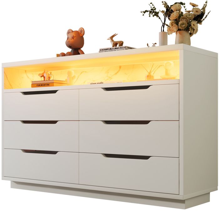 Commode Moderne à 6 Tiroirs avec lumières LED Buffet avec Grain de Marbre Armoire de Rangement pour Cuisine 120x40x85cm Blanc