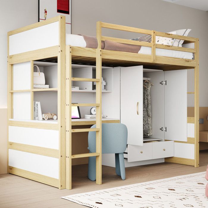 Lit mezzanine 90x200 cm - Avec échelle - Avec bureau et penderie - 2 tiroirs - Naturel (matelas non inclus) Lit mezzanine 90x200 cm - Avec échelle - Avec bureau et penderie - 2 tiroirs - Naturel (matelas non inclus)