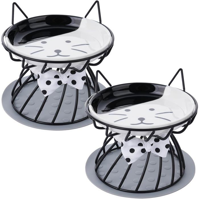 Lot de 2 gamelles surélevées pour chat - Tapis et support antidérapants anti-vomissements gamelles en céramique peu profondes