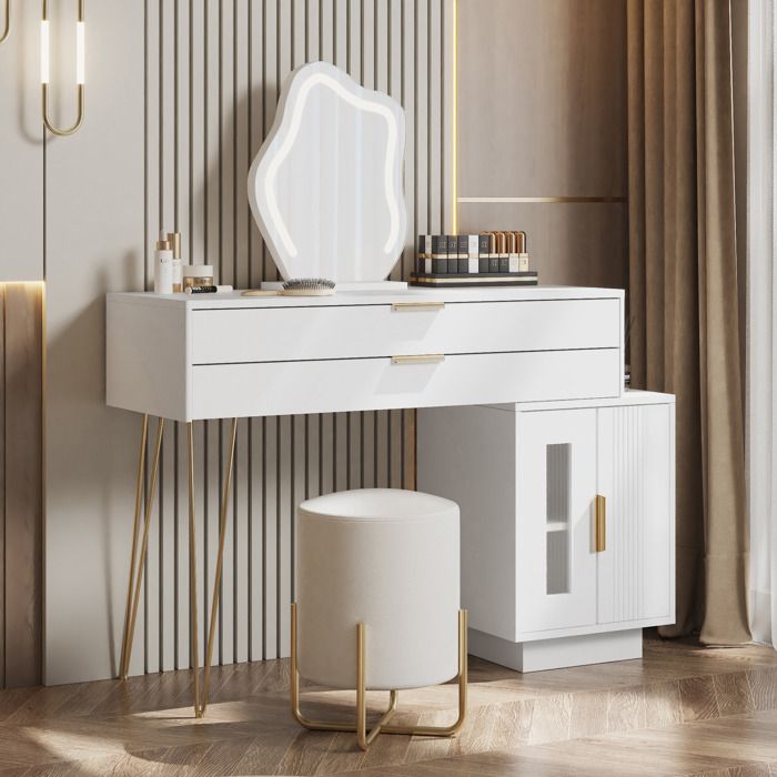 Coiffeuse - MODERNLUXE - 100x40x78cm - LED - 2 tiroirs et 2 portes - Blanc Coiffeuse - MODERNLUXE - 100x40x78cm - LED - 2 tiroirs et 2 portes - Blanc