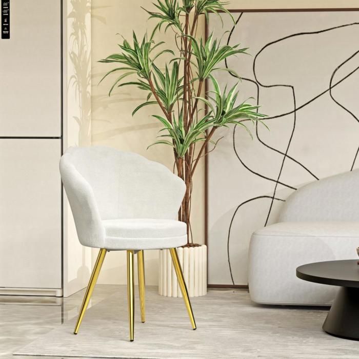 PIPIPOXER Fauteuil Velours Scandinave Fauteuil Coquillage Blanc Fauteuil design Pour Coiffeuse Salon Pieds en Or 64x43x80 cm