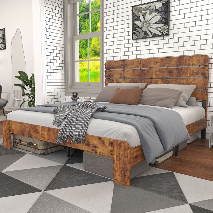 Lit double en bois 140 x 200 cm cadre de lit en bois antique avec grille en fer et tête haute pour adultes enfants et adolescen
