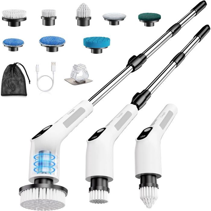Brosse rotative électrique - 8 têtes - Manche télesc. 34–131 cm - Batterie 2000 mAh/90 min - 2 vitesses