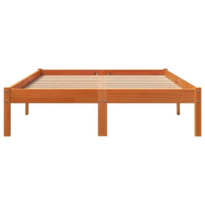 Cadre de lit en bois de pin massif - WIENS - 140x190 cm - Cire marron - Bois de pin massif - Lattes en contreplaqué