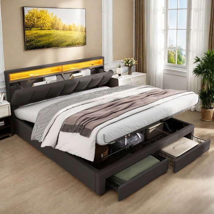 Lit Coffre 160x200 Moderne avec Tête de Lit LED Réglable 2 Tiroirs de Rangement Prises USB et 2 EU Cadre en Lin Gris2 personnes