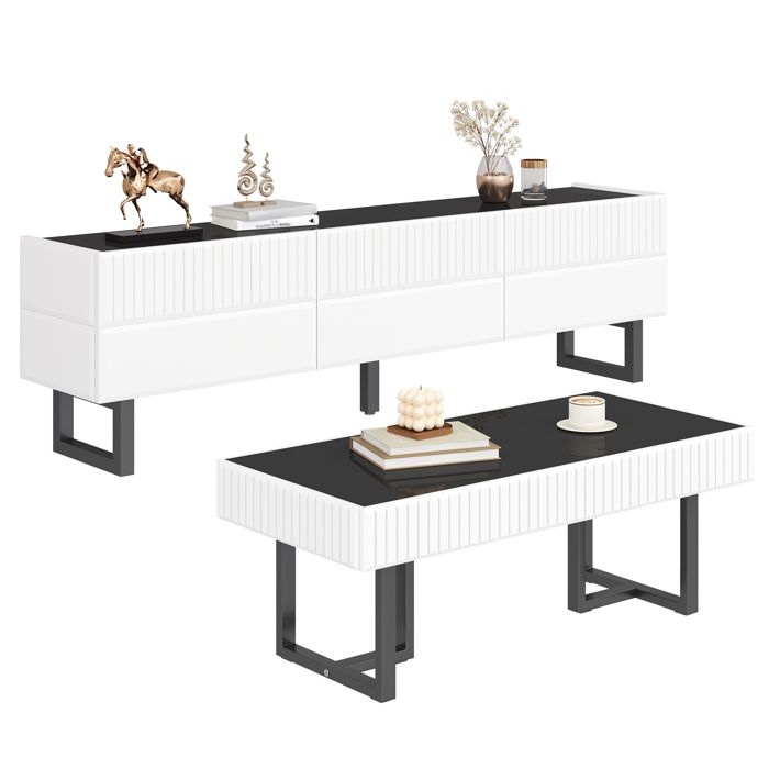 Moderne minimalistische Couchtisch und TV Möbelkombination Aufbewahrungsmöbelset in Schwarz Weiß Streifen Luxuriöse Wohnzimme