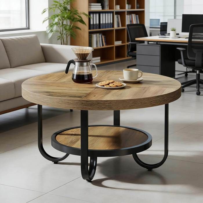 Table basse ronde 2 niveaux. style industriel. rangement pratique. structure métal et MDF noir et marron