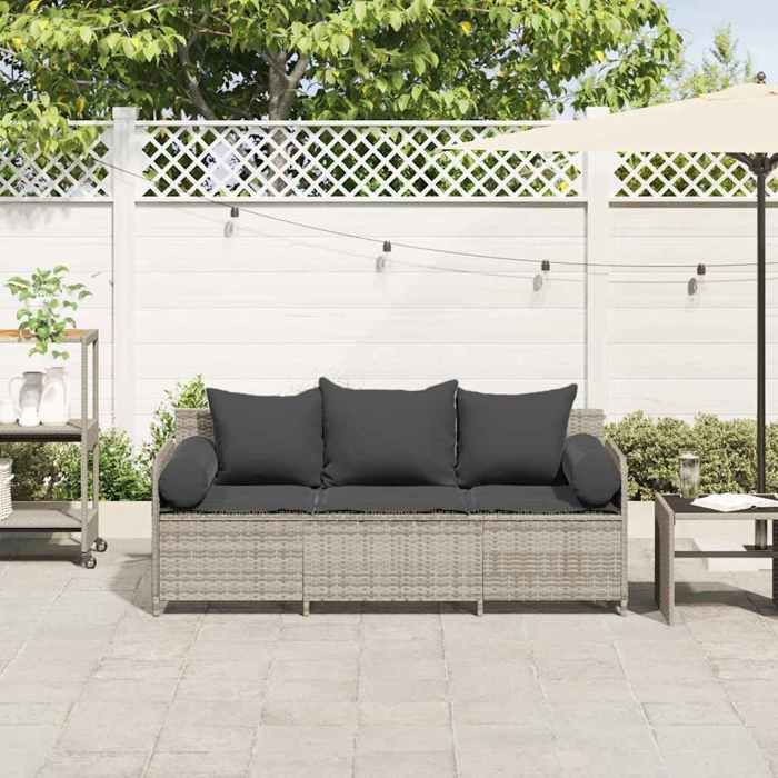 Gris Siège de jardin -  Canapé de jardin - et coussins - 3 places - gris clair résine tressée C3852