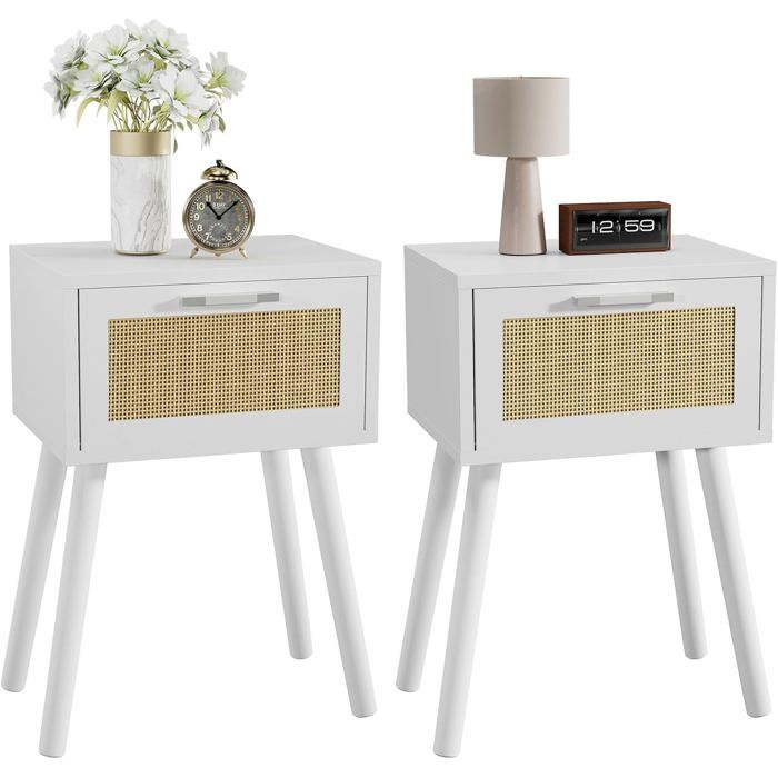 Lot de 2 Tables de Chevet avec Rangement Pieds Bois Rotin Tiroir Magnétique