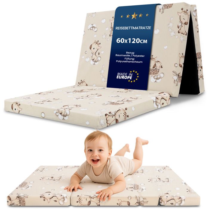 Matelas bebe pliable 60x120 cm pour lit - matelas bébé pour lits parapluie sol enfant et respirant en mousse 60 x 120 cm Girafes