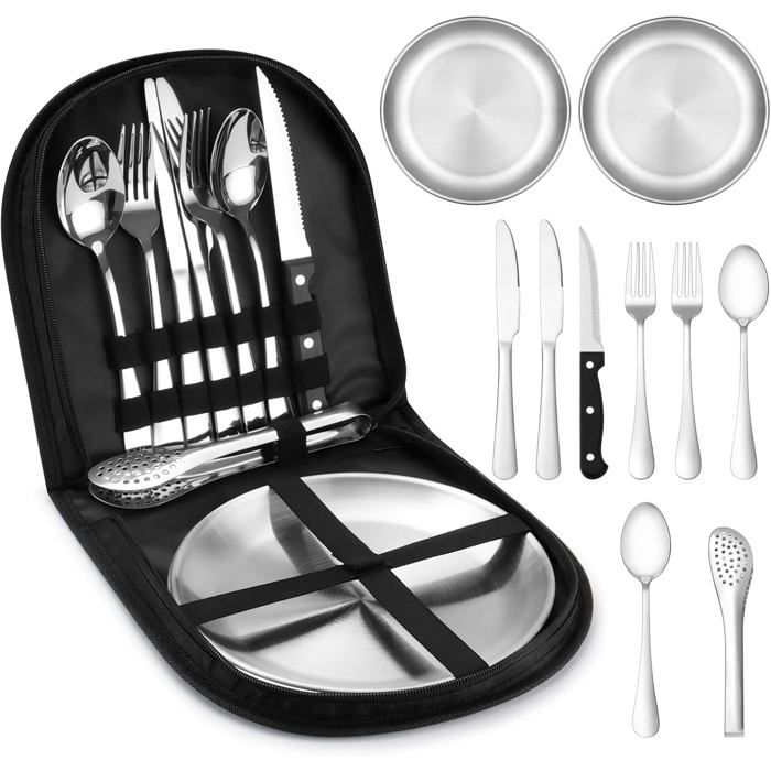 Ensemble de couverts de camping  - 10 pièces - Portable - Acier inoxydable - Idéal pour le camping les pique-niques et les voyages
