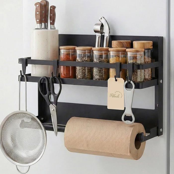 Étagère à Épices avec Porte-RouleauÉtagère Murale Inox Magnétique sans Percer avec 4 Crochets pour Cuisine MEUBLE A EPICES