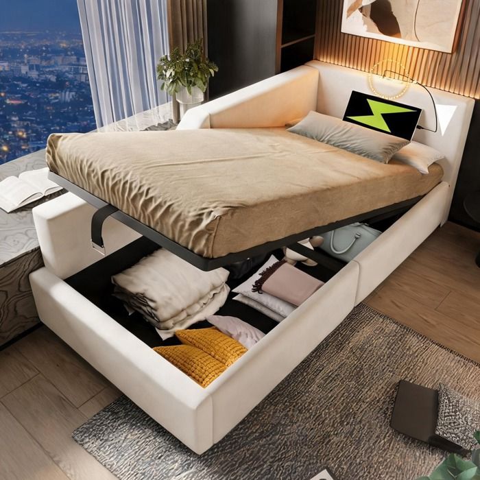 Méridienne une place 90x200 cm en velours warm beige coffre hydraulique et port USB-C
