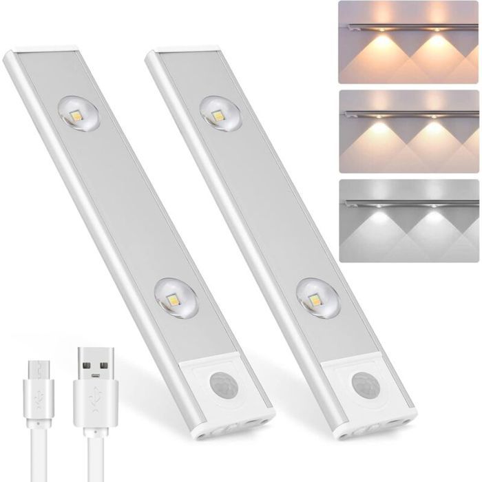 2PCS Lampes LED sans Fil Lumière de PlacardLampes de Dessous darmoire à GradationDétecteur de Mouvement 3 Modes d’ÉclairageLu