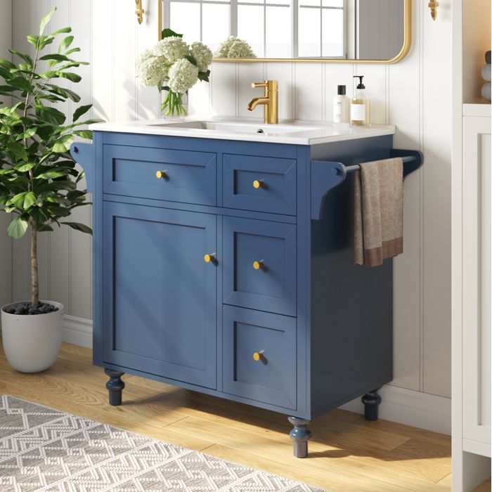 Meuble sous vasque de salle de bain 995 x 45 x 86 cm bleu avec vasque en céramique 3 tiroirs et porte-serviettes