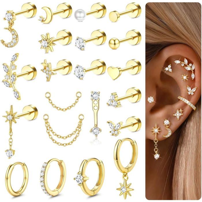 21Pcs Boucles DOreilles Femme Piercing Oreille Acier Inoxydable Boucles DOreilles Or Argent Piercing Helix Conch Tragus Da[PP9]