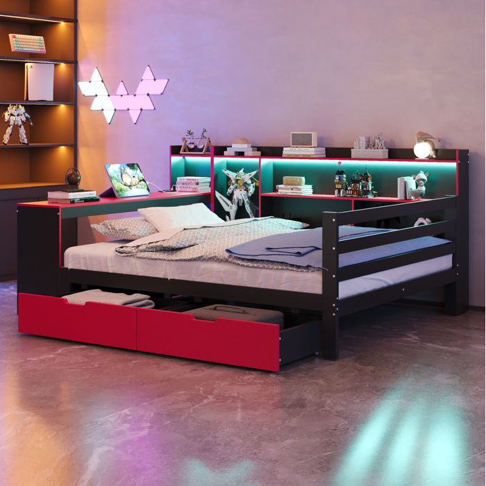 Lit combiné 2 places 140×200 cm bureau LED et 2 tiroirs - MODENVIE - sans matelas bois noir et rouge