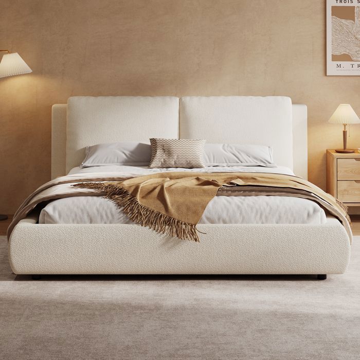 Lit Coffre/Lit Double 160 x 200 cm en Bouclé Beige avec Sommier Relevable Tête de Lit Épaisse et Grand Rangement