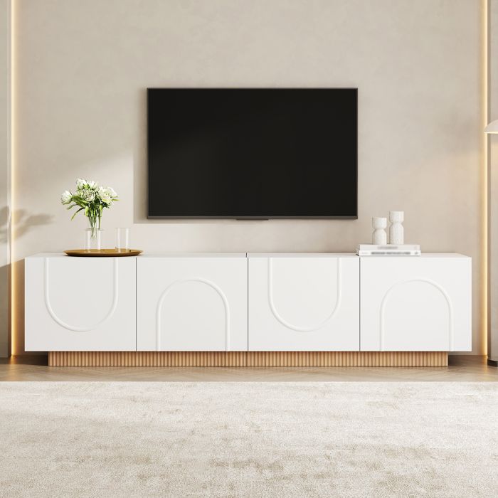 Meuble TV bas moderne pour salon avec portes et rangement façade incurvée Blanc