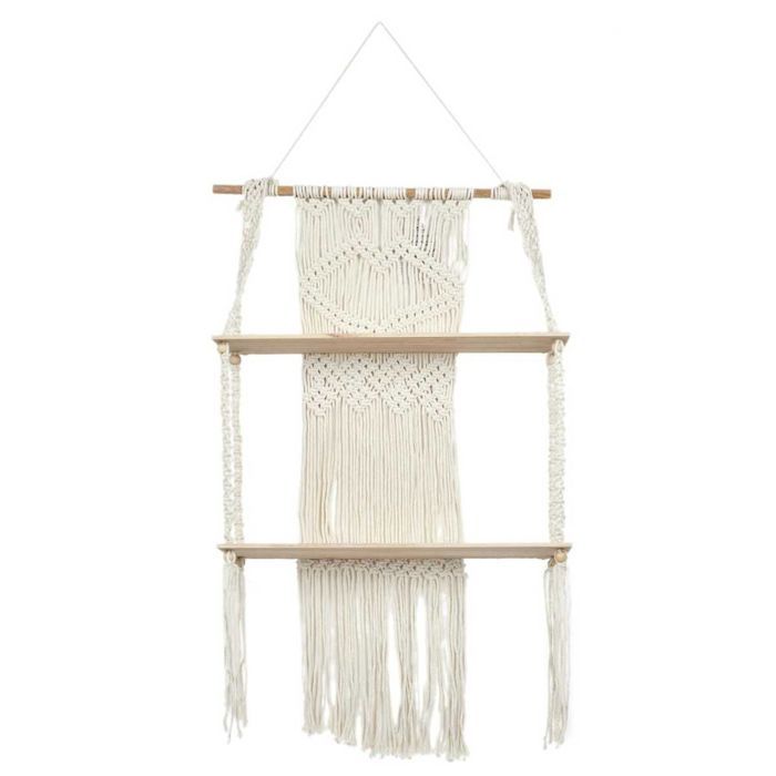 Etagère murale double bohème en macramé et plateaux en bois