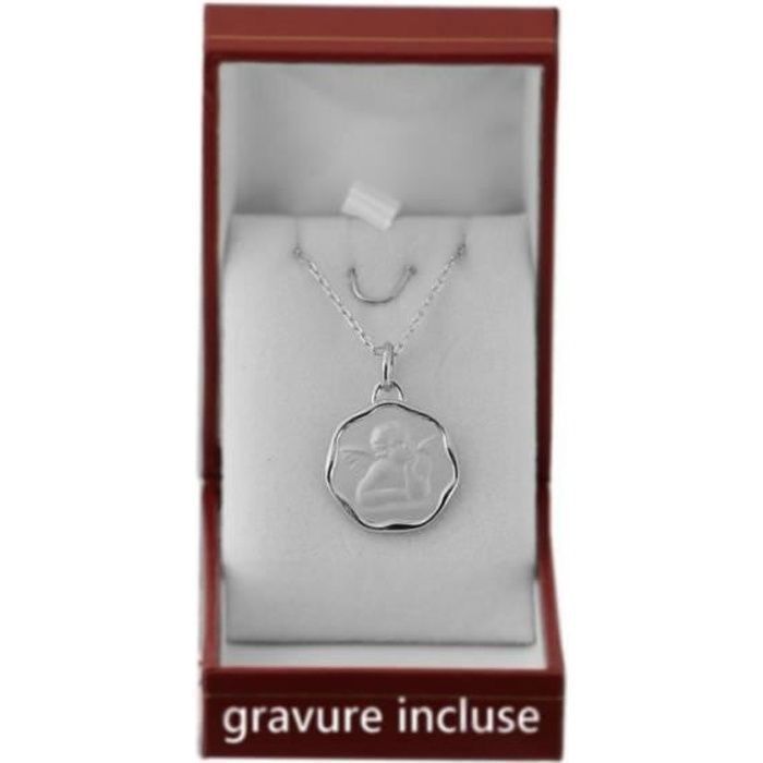 Médaille ronde de naissance baptême avec gravure incluse. Ensemble argent massif 925 avec chaine 40cm et écrin