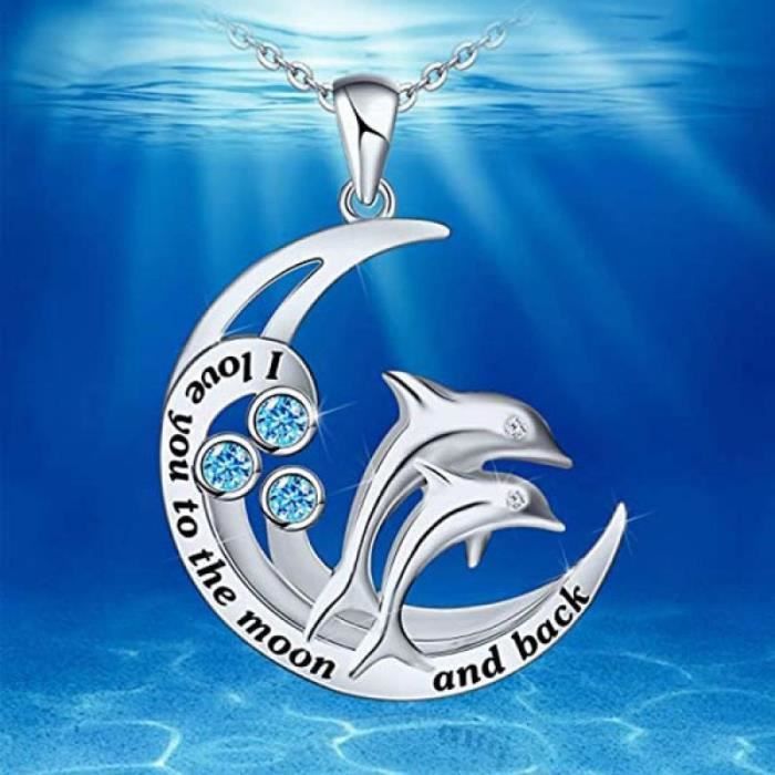 sansi collier pendentif double dauphin - collier lune avec alphabet et zircon bleu