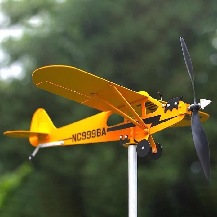 Girouette Avion Piper J3 En Métal Pour Jardin - 20x18 Cm, Jaune, Décoration Extérieure