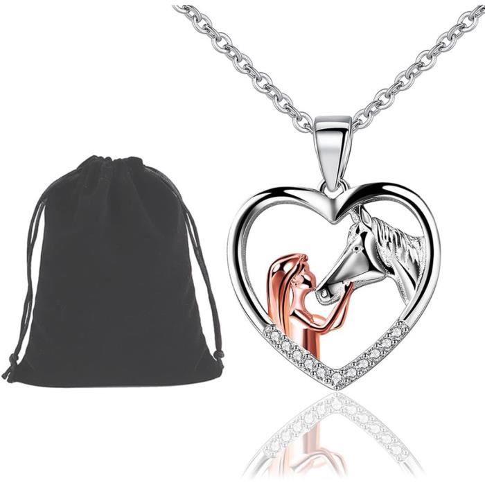 Collier Cheval Fille Et Femme - Pendentif Cœur Creux Acier Inoxydable - Cadeau Passion Cheval