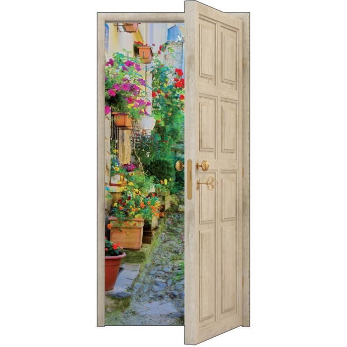 Sticker Porte Trompe L Oeil Bois Deco Ruelle Fleurie Dimensions x0cm Cdiscount Maison