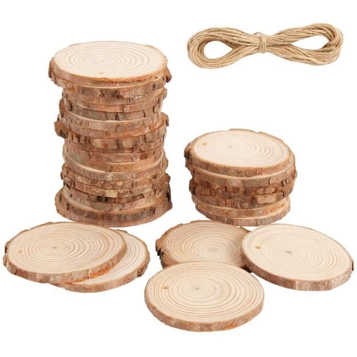 30 Rondelles De Bois Naturel Avec Trou - Diamètre 6-7 Cm, épaisseur 0.8 Cm - Pour Décoration Noël, Mariage, Bricolage