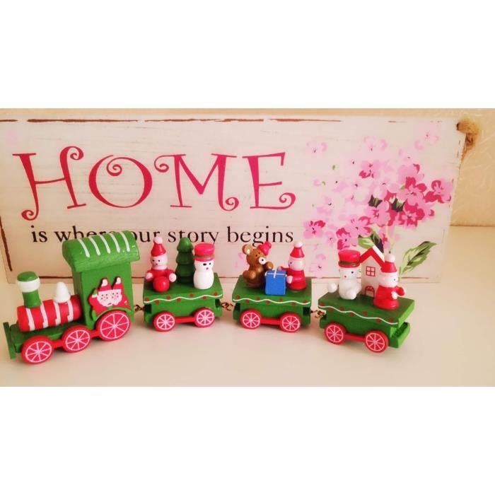 Train De Noël En Bois Avec 4 Wagons - Décoration De Table Ou Sous Le Sapin, 24 Cm, Couleurs Vert/rouge/blanc