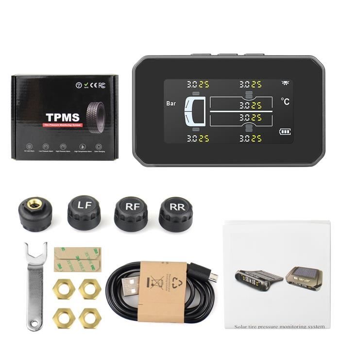 TPMS Solaire 6 Capteurs – Système De Surveillance Pression Pneus Voiture/Camion/SUV/Caravane, Charge Solaire+USB, Écran LED Rotatif 360°, Alarme 6 Modes