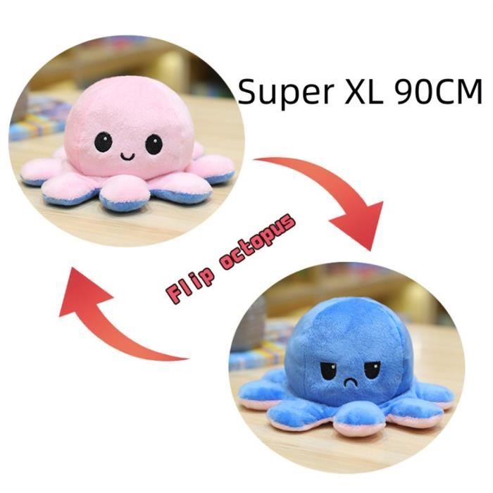 Peluche pieuvre reversible geante 90cm Double Face Humeur flip poulpe Mignonne Jouet doudou 