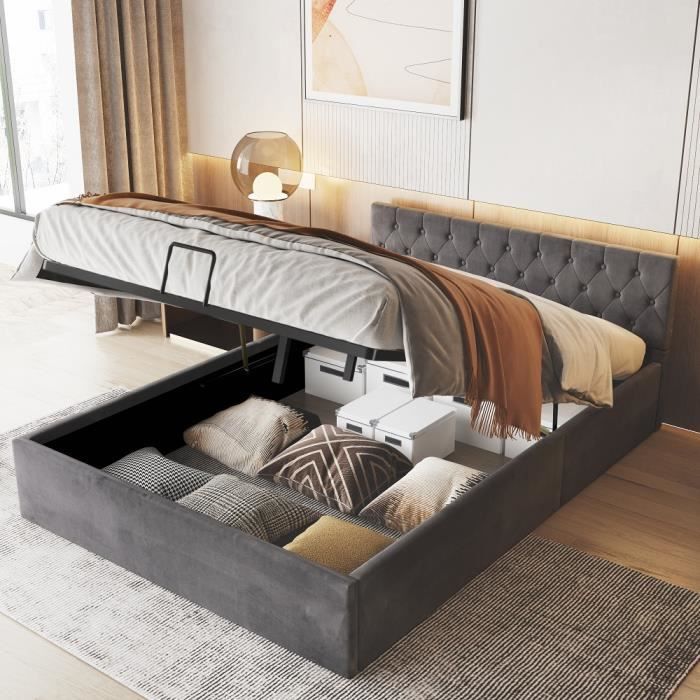 lit coffre 140 x 200 cm pour adulte 2 personnes avec sommier à lattes, lit capitonné en velours gris, style scandinave