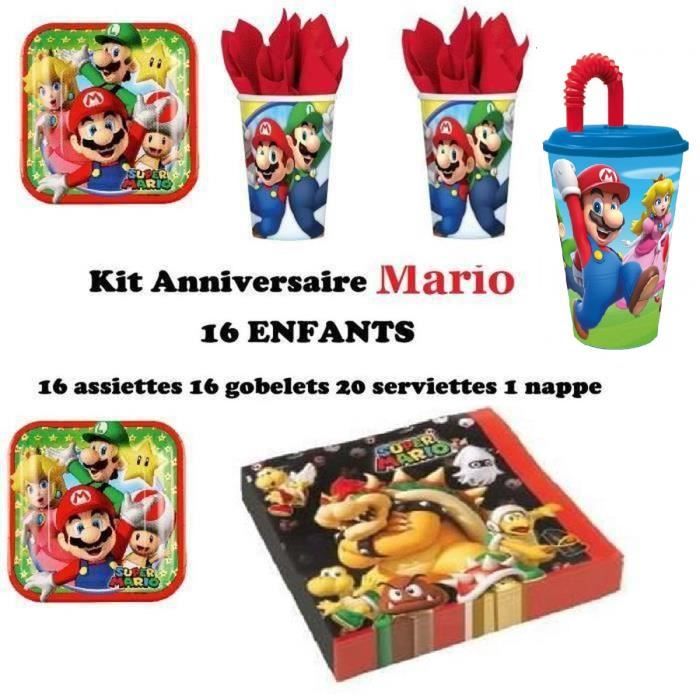 Nouveau Kit (cde 6) Anniversaire Mario complet 16 Enfants (16