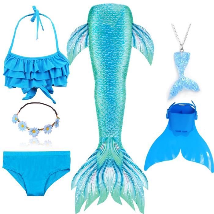 6PCS Ariel Deguisement Sirène Fille Queue de Sirène Enfant avec Monopalme  Petite Sirene Fille Maillot de Bain