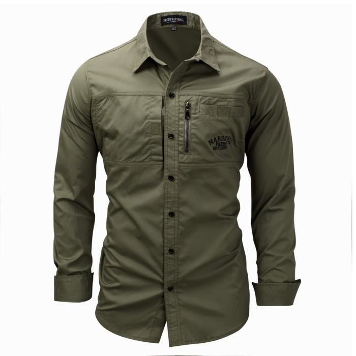 Chemise Homme Chemises Homme Manches Longues Chemise Casual 100 Coton avec 2 Poches Zippe Regular Fit Armee verte Armee verte Cdiscount Pret a Porter