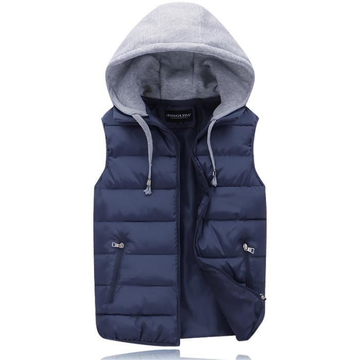 Doudoune Homme,Sans Manche Doudoune Femme avec Capuche,Veste en Duvet Poches Multiples en Automne et Hiver-Bleu